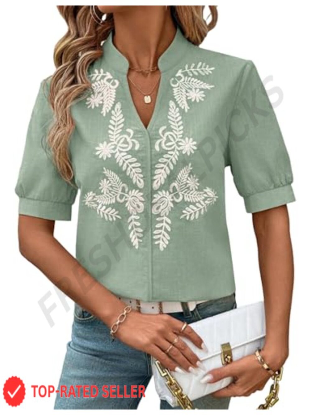 Floral Embroidered V Neck Boho Short Sleeve Loose Summer Blouse Top